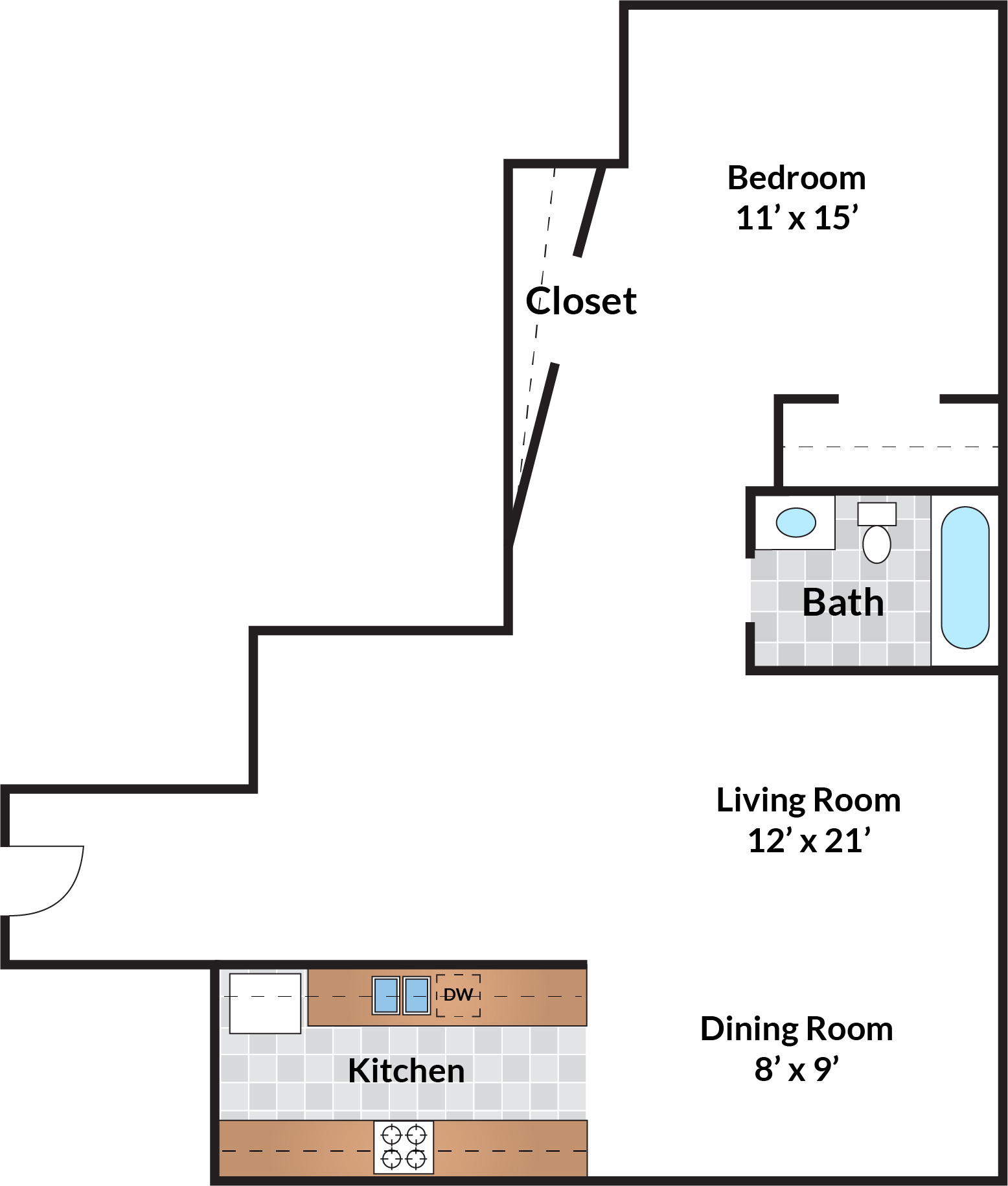 Floor plan for 1 bed, 1 bath, 835 sqft